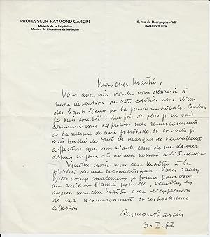 3 lettres autographes de Raymond Garcin à son Maître, le professeur Georges Guillain, daté du 4 j...