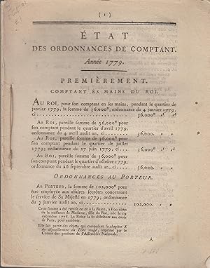 Image du vendeur pour Etat des ordonnances de comptant - anne 1779 mis en vente par PRISCA