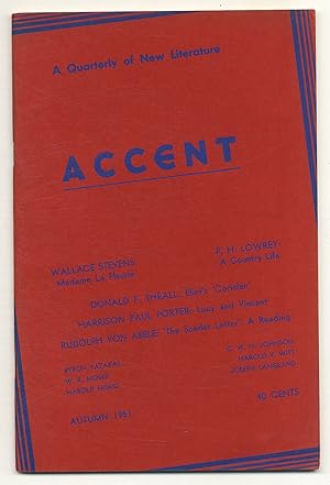 Bild des Verkufers fr Accent: A Quarterly of New Literature - Vol. XI, No. 4, Autumn, 1951 zum Verkauf von Between the Covers-Rare Books, Inc. ABAA