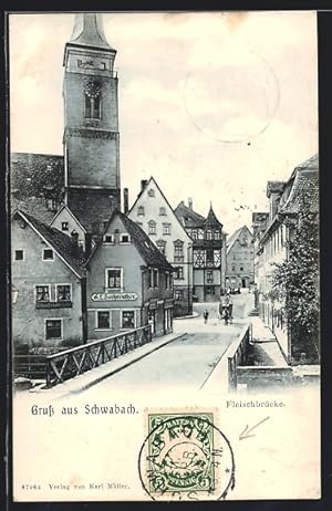 Ansichtskarte Schwabach, Blick über die Fleischbrücke in eine Strasse