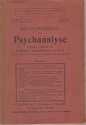 Bild des Verkufers fr REVUE FRANAISE DE PSYCHANALYSE Tome IV. N 3. 1930-31. zum Verkauf von PRISCA