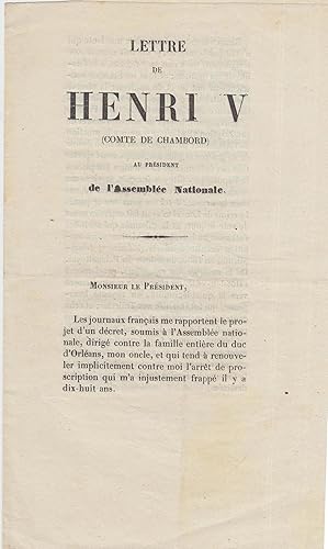 Seller image for Lettre de Henri V, comte de Chambord, au prsident de l'assemble nationale. (18 mai 1848.). for sale by PRISCA