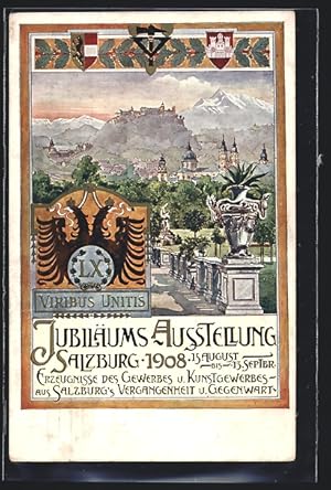 Künstler-Ansichtskarte Salzburg, Jubiläums-Ausstellung 1908, Ortsansicht