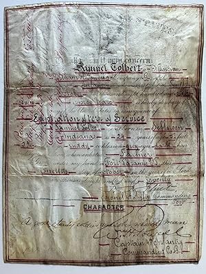 FORT LARAMIE, WYOMING TERRITORY DISCHARGE PAPER FOR SAMUEL TOLBERT, MUSICIAN, IN WILLIAM H. POWEL...