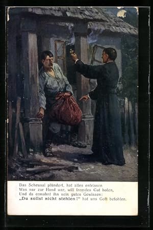 Bild des Verkufers fr Ansichtskarte Priester ertappt einen Dieb, Du sollst nicht stehlen! zum Verkauf von Bartko-Reher