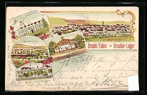 Bild des Verkufers fr Lithographie Bruck, Brucker-Lager, Militr-Konserven-Fabrik, Hauptwache mit Barackenlager, Schloss Harach zum Verkauf von Bartko-Reher