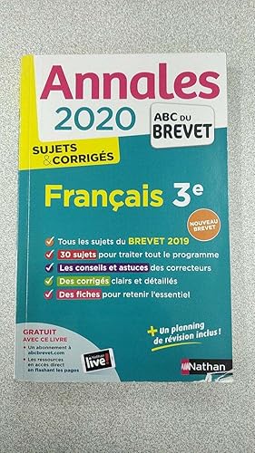 Bild des Verkufers fr Annales Brevet 2020 Franais 3e Sujets & corrigs zum Verkauf von Dmons et Merveilles