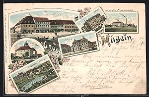 Lithographie Mügeln, Klostergärtnerei Sornzig, Ofenfabrik, Marktplatz, Rathaus
