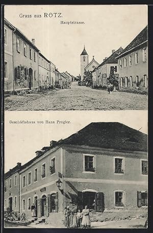 Ansichtskarte Rötz, Geschäftshaus von Hans Pregler, Hauptstrasse mit Kirche