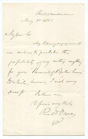 1861 Paleontologist Sir Richard Owen, Originator of the Term Dinosaur Autograph Letter Signed