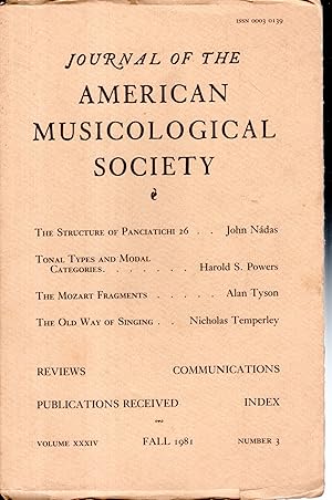 Bild des Verkufers fr Journal of the American Musicological Society; Volume XXXIV, No. 3: Fall, 1981 zum Verkauf von Dorley House Books, Inc.