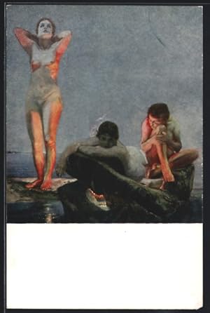 Bild des Verkufers fr Knstler-Ansichtskarte Max Klinger: Blaue Stunde, Drei nackte Frauen auf Steinen zum Verkauf von Bartko-Reher