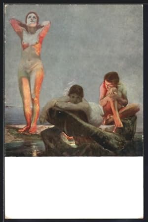 Bild des Verkufers fr Knstler-Ansichtskarte Max Klinger: Blaue Stunde, Nackte Frauen am Meer zum Verkauf von Bartko-Reher