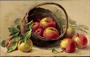 Künstler Ansichtskarte / Postkarte Stillleben mit Äpfeln, Weidenkorb