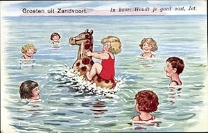 Bild des Verkufers fr Knstler Ansichtskarte / Postkarte Wills, John, Zandvoort, Kinder baden im Meer, Spielzeugpferd zum Verkauf von akpool GmbH