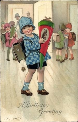 Künstler Ansichtskarte / Postkarte Baumgarten, Fritz, Glückwunsch zum Geburtstag, Mädchen mit Zuc...