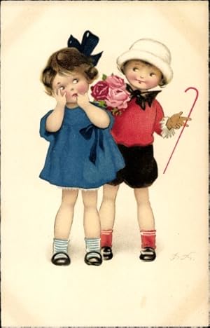 Künstler Ansichtskarte / Postkarte Baumgarten, Fritz, Junge mit Blumenstrauß, Mädchen, Meissner u...