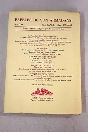 Image du vendeur pour Papeles de Son Armadans, ao XXI, tomo LXXXII, n. CCXLV-VI (agosto-setiembre, 1976).:: Codificacin y descodificacin del personaje en la narrativa espaola: enfoque semitico; Vida y muerte en las coplas de Jorge Manrique; Tcnica literaria y fondo social del cuento A ti no te enterramos de Ignacio Aldecoa; Tres poemas inditos; Poemas; De Lpida e indicio en Fez; Al Csar lo que es del Csar; Epstola primera; Relacin sobre la ltima travesa del emperador Carlos el Pobre, en cuyo imperio no se pona el sol; El torrencial lirismo de Marco Antonio Montes de Oca; Algunos puntos tcnicos y estructurales de La seorita de Ramn Nieto mis en vente par Alcan Libros