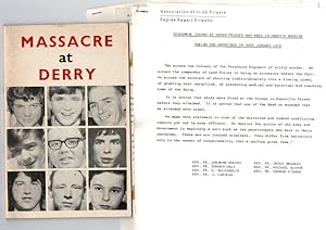 Imagen del vendedor de Massacre at Derry" [Pamphlet] plus: Typped Letter and Typed Statements by Donal Flanagan (Secretary of the Central Committee of the Association of Irish Priests) and original Typescript-Statements by the Association of Irish Pries: Typescript 1: "Documentation on the Situation in the North of Ireland" ["Statement on 'Violence' by the Ulster Branch of the Association of Irish Priests"] (3 pages) / Typescript 2: "Statement issued by seven priests who were in Derry's Bogside during the Shootings on 30th January 1972" ("We accuse the Colonel of the Parachute Regiment of wilful murder.It is untrue that shots were fired at the troops in Rossville Street before they attacked.signed (typed) by Reverends Anthony Mulvey, Edward Daly, G.McLaughlin, Denis Bradley, Michael McIvor, Thomas O'Gara) / Typescript 3: "Letter of Reverend Terence M.O'Keefe, Secretary Ulster Branch, Association of Irish Priests (Published in 'Irish Press', 5 February 1972 ("May i be permitted the use of your columns to giv a la venta por Inanna Rare Books Ltd.