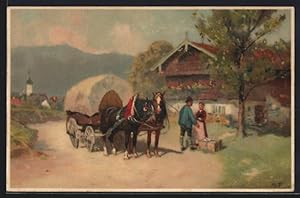 Bild des Verkufers fr Knstler-Ansichtskarte Meissner, Buch (M und B) Serie 1450: Mann geht auf Reisen und verabschiedet sich von Frau zum Verkauf von Bartko-Reher