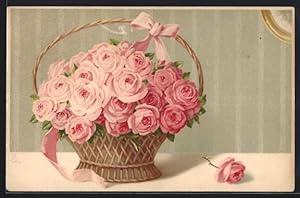Bild des Verkufers fr Knstler-Ansichtskarte Meissner, Buch (M und B) Serie 1474 Rosenzeit schne Zeit: Strauss rosafarbener Rosen im Korb zum Verkauf von Bartko-Reher