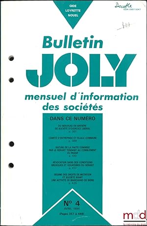 Seller image for DU NOUVEAU EN MATIRE DE SOCIT D EXERCICE LIBRAL. Commentaire de la loi n93-1415 du 28dcembre 1993, Bulletin Joly, Avril1994 for sale by La Memoire du Droit