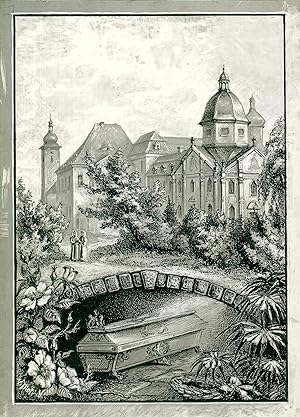 Klosteransicht mit zwei Nonnen davor, im Vordergrund eine Brücke mit einem Sarg darunter.