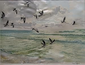 "Seagulls at Beach" Original Lithograph on Cloth