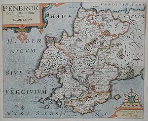 Antique Map PEMBROKESHIRE, WALES, Saxton & Kip, Camden Original 1637