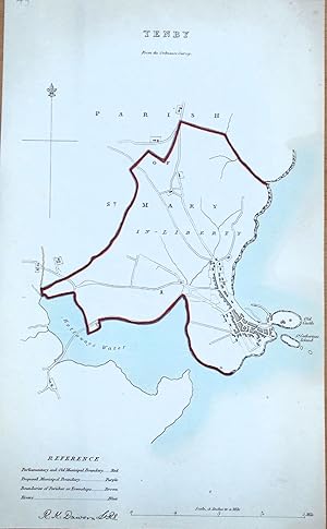 Antique Map TENBY, WALES, Town & Street Plan, Dawson Original 1832