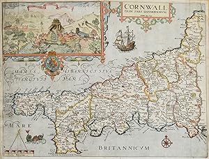 Antique Map CORNWALL, Saxton & Kip, Camden original 1637