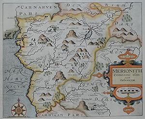 Antique Map MERIONETHSHIRE, WALES, Saxton & Kip, Camden Original 1637
