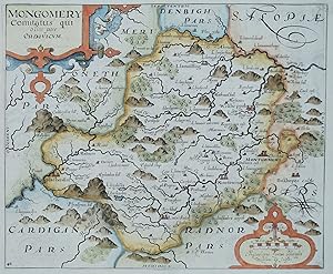 Antique Map MONTGOMERYSHIRE, WALES, C.Saxton, W.Kip, W.Camden original 1637