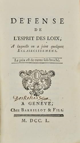 Image du vendeur pour Dfense de l'Esprit des Loix, A laquelle on a joint quelques claircissemens. mis en vente par Bonnefoi Livres Anciens