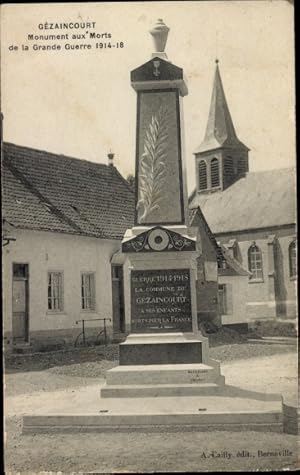 Bild des Verkufers fr Ansichtskarte / Postkarte Gzaincourt Somme, Denkmal fr die Toten des Ersten Weltkriegs zum Verkauf von akpool GmbH