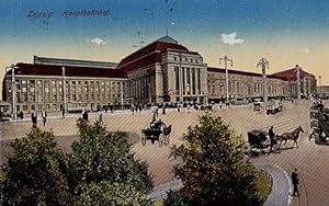 Bild des Verkufers fr Hauptbahnhof. Ansichtskarte in farbigem Lichtdruck. Abgestempelt Leipzig 06.08.1917. zum Verkauf von Antiquariat Heinz Tessin