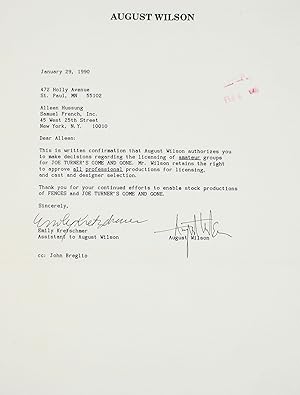 Seller image for Typed Letter, Signed "August Wilson" to publisher Samuel French, about Licensing Rights for Joe Turner's Come and Gone and for Fences for sale by James Cummins Bookseller, ABAA