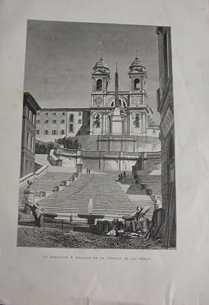 GRAVURE SUR BOIS 19ème LA BARCACCIA EY ESCALERA DE LA TRINITAD DE LOS MONTES ROME