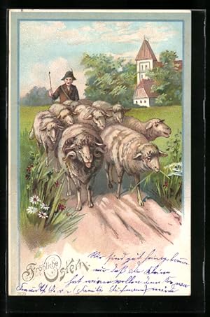 Bild des Verkufers fr Ansichtskarte Frhliche Ostern, Schafherde mit Widder und Hirte zum Verkauf von Bartko-Reher