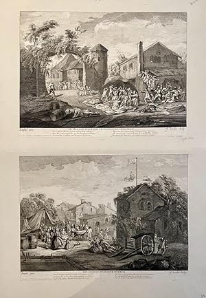 2 Antique prints, etching and engraving | Village pillé par les Pandoures Hongrois; Les soldats e...