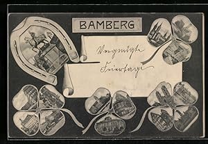 Blumengruss-Ansichtskarte Bamberg, Denkmal im Hufeisen, Gebäudeansicht im Kleeblatt