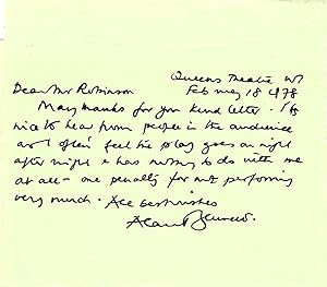 Bild des Verkufers fr ['the play goes on night after night': Alan Bennett, playwright, screenwriter and author.] Autograph Letter Signed, thanking 'Mr Robinson' for his letter [about his play 'The Old Country'], stating that he likes to hear from members of the audience. zum Verkauf von Richard M. Ford Ltd