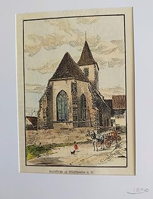 Stuttgart. Mühlhausen a.N. Veitskirche, kolorierter Holzstich um 1879