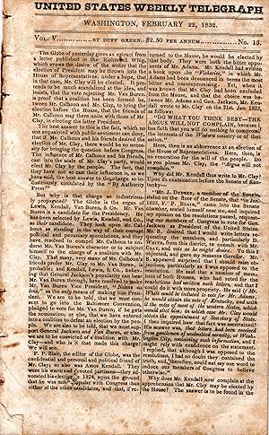 Seller image for United States Weekly Telegraph, Washington, February 22, 1832, Vol. V, No.13 for sale by Pages For Sages