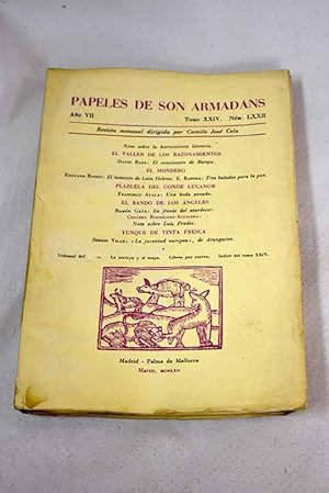 Seller image for Papeles de Son Armadans, ao VII, tomo XXIV, n. LXXII (marzo, 1962).:: Nota sobre El lamento de Len Hebreo de douard Roditi; Nota sobre la herramienta literaria; El cancionero de Baroja; El lamento del Len Hebreo; Tres baladas para la paz; Una boda sonada; La frente del atardecer (diario de un pintor); Nota sobre Luis Prades; La juventud europea de Aranguren; Sobre el poema Voz del agua (carta a Camilo Jos Cela); Trozo de piel de Picasso; Nuevas memorias de Mambruno de Juan Ruiz Pea; Historias de un tiempo futuro de Salustiano Mas; Jos Mara Cruzet: in memoriam for sale by Alcan Libros