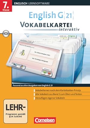 Imagen del vendedor de English G 21 - Lernsoftware - Vokabelkarteien interaktiv - zu allen Ausgaben: English G 21 Band 3. 7. Klasse Vokabelkartei interaktiv zu allen . interaktiv - Lernsoftware zu allen Ausgaben) Vokabelkartei interaktiv - CD-ROM a la venta por Antiquariat Buchhandel Daniel Viertel