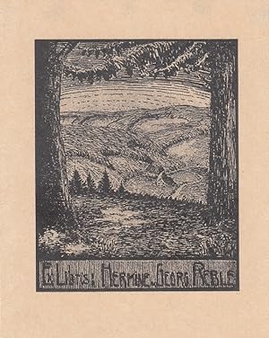 Seller image for Ex Libris : Hermine u. Georg Reble. Zwischen zwei Stmmen Blick auf Landschaft mit Gehft. for sale by Antiquariat  Braun