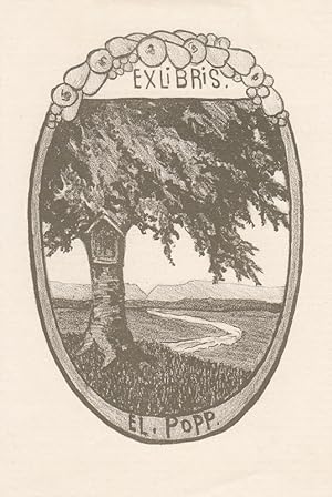Imagen del vendedor de Exlibris El. Popp. Laubbaum mit Bildstock in weiter Landschaft. a la venta por Antiquariat  Braun