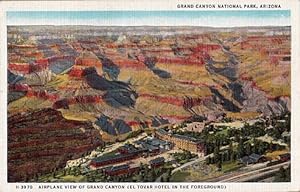 Seller image for Airplane view of Grand Canyon (El Tovar Hotel in the Foreground). Farbige Ansichtskarte in Lichtdruck. Abgestempelt Grand Canyon 04.09.1935 auf 2 Cent Briefmarke Grand Canyon. for sale by Antiquariat Heinz Tessin