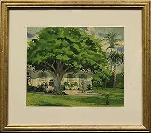 "Tropical Residence w/ Banyan Tree" c1967 Watercolor by Deane Keller